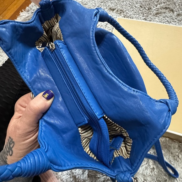Italian Leather Royal Blue Crescent Shoulder Bag with Floral Design. - Picture 2 of 9